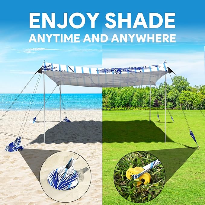 Beach Tent Sun Shelter, 10 x 10 FT Beach Canopy Tent Sun Shade, UPF50+ Beach Tent Canopy with 8 Sandbags & 4 Stability Poles, Outdoor Beach Tent for Beach Camping Fishing, Coconut Tree