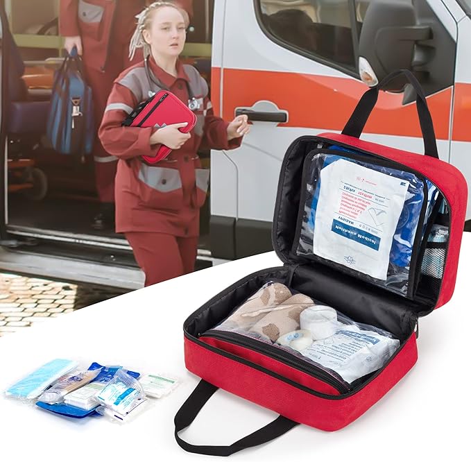 CURMIO Small First Aid Bag, Empty Emergency Trauma Kit Organizer Bag for Hiking, Camping, Car, Travel, Home and Outdoor, Red, BAG ONLY, Patent Pending