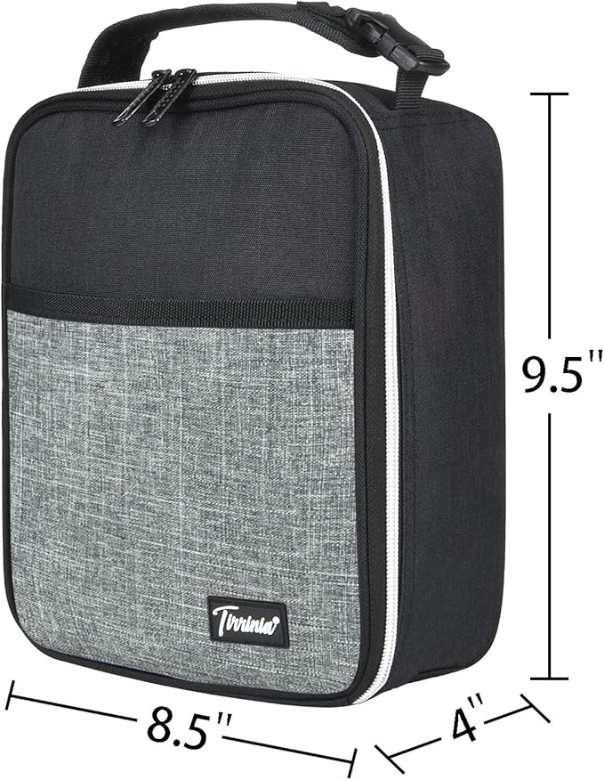 Tirrina Insulated Lunch Box for Men Women, Portable Thermal Small Lunch Bag for Office Work Picnic, Reusable Compact Lunchbox Cooler Tote for Adults,Black & Grey