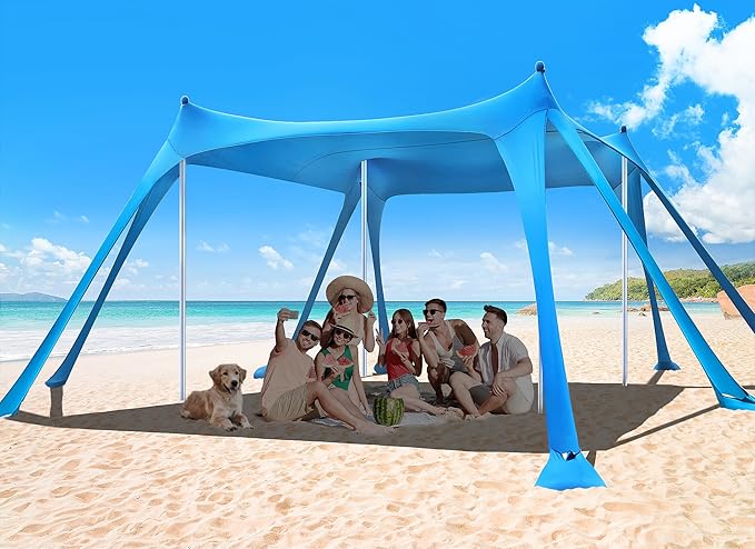 Osoeri Beach Tent, Camping Sun Shelter UPF50+ with 8 Sandbags, Sand Shovels, Ground Pegs & Stability Poles, Outdoor Shade Beach Canopy for Camping Trips, Fishing, Backyard Fun or Picnics