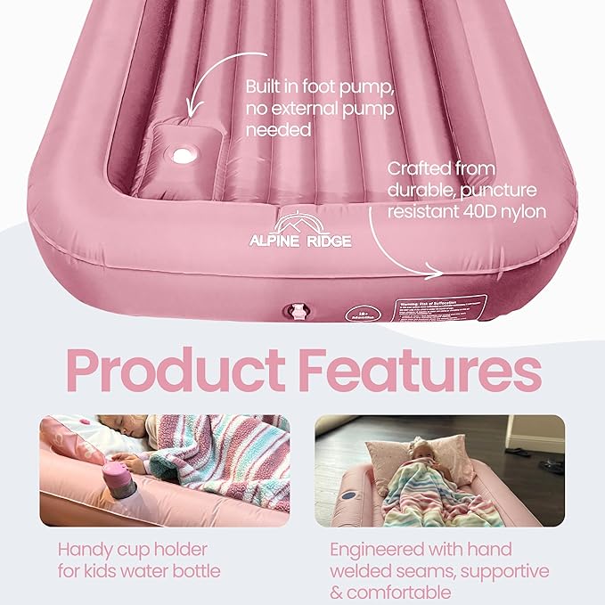Toddler Travel Bed with Safety Bumpers [4-Sided] | Portable Bed for Kids | Toddler Air Mattress | Kids Air Mattress with Built-in Foot Pump (Pink)