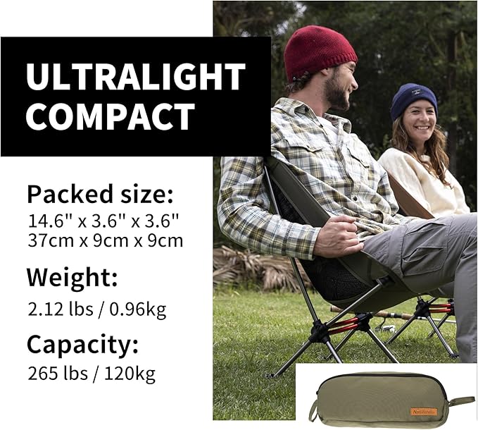 Naturehike YL08 Ultralight Camping Chair, 2.12 LBS Portable Backpacking Chair with Storage Bag & Anti-Sinking Feet, Lightweight Compact Collapsible Camp Chair