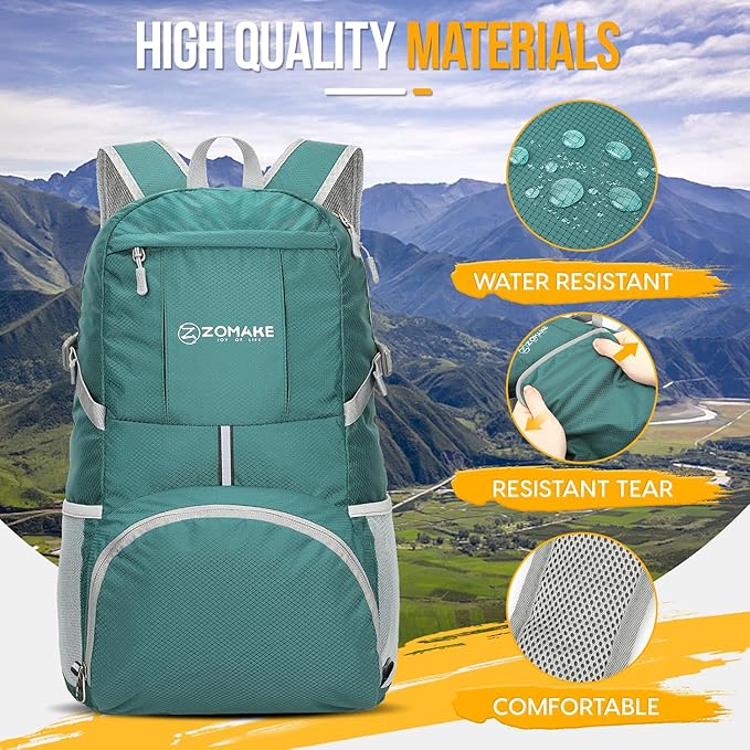 ZOMAKE Lightweight Packable Backpack 35L, Light Foldable Backpacks Water Resistant Collapsible Hiking Bag, Compact Folding Day Pack for Travel Camping(Dark Green)