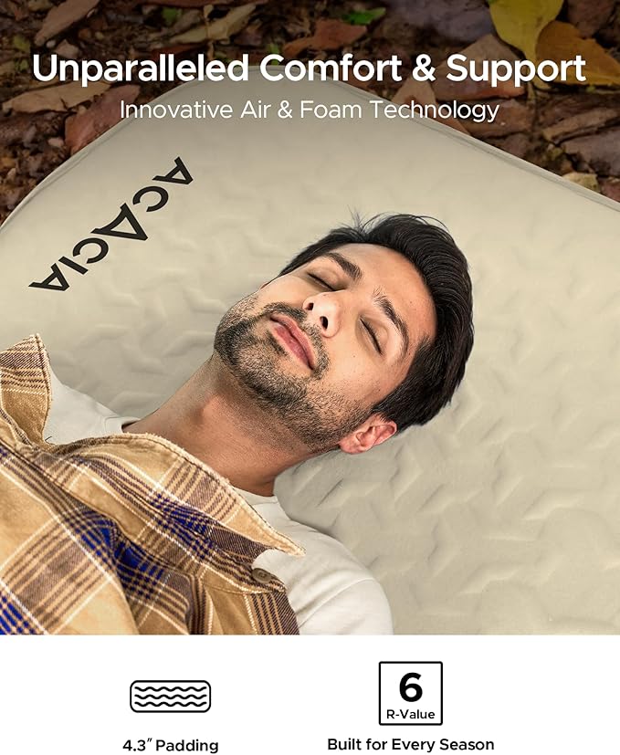 ACACIA 4.3" Thick Self Inflating Sleeping Pad with Foam | Innovative Y-Shaped Telescopic Structure | Ultraportable Camping Mattress | Outdoor Compact Air Mat for Tent Car |