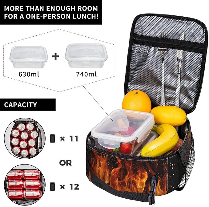 Fire Lunch Bag Insulated Reusable Lunch Box Thermal Cooler Tote For Men Women Work Travel Picnic Hiking