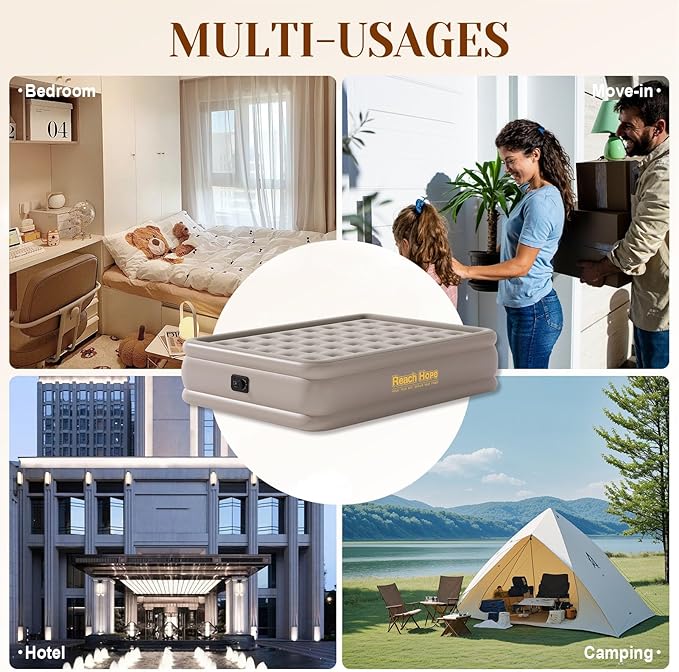 Air Mattress with Built in Pump Full, Plug-in Electric Pump Self-Inflatable Air Bed, Blow Up Travel Bed, Comfortable Airbed for Rental Home, Camping and Guests.(18" Height Full, Khaki)