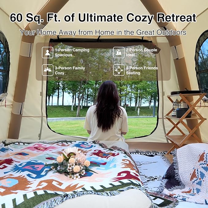 2025 Upgraded 100% Waterproof Inflatable Camping Tent, Large Blow-Up Air Tent, No Assembly Needed Luxury Glamping House, Oxford Fabric