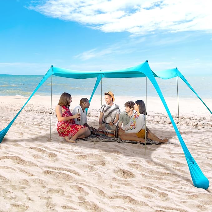 BOTINDO Family Beach Tent Canopy Sun Shade, Pop Up Grande Beach Tent Sun Shelter Stability 4 Poles with Portable Carry Bag Outdoor Shade for Fishing Backyard Camping (Turquoise, 10x10FT 4Pole)