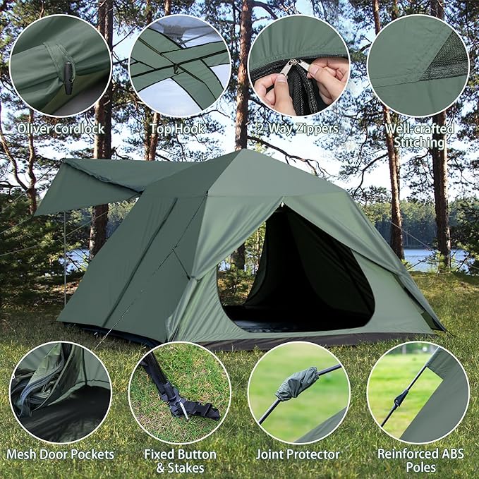 3-4 Person Tents for Camping, Instant Pop-Up Family Tent with Vestibule & Mesh Windows, Portable Lightweight Cabin Tent with Rainfly, Windproof & Waterproof, Easy Setup for Outdoor Hiking Travel