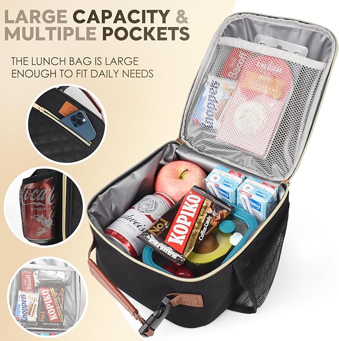 Lunch Box Reusable Lunch Bag for Men Women Kids Adults,Insulated Lunch Bag Waterproof Lunch Boxes Cooler,Small LunchBox With Side Pockets for Work Office School Travel Picnic-Black