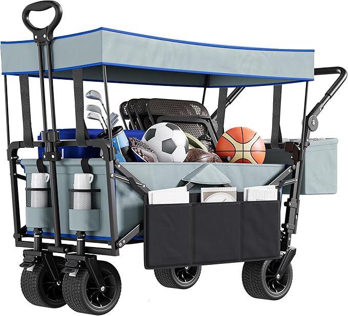 YITAHOME Large Collapsible Garden Cart w/Removable Canopy, Heavy Duty Outdoor Foldable Garden Cart w/Rear Storage and Flexible Swivel Wheels for Shopping, Picnic, Camping, Sports,Grey
