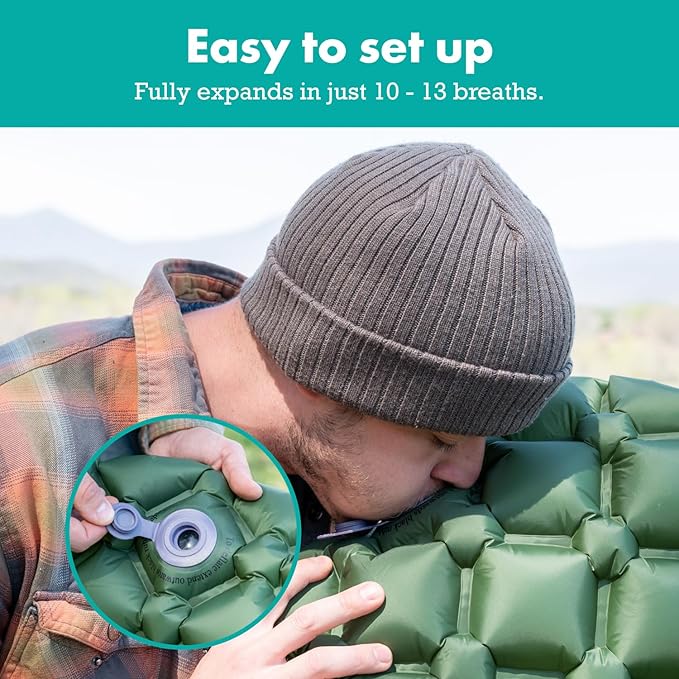 Ultralight Sleeping Pad - Inflatable Sleeping Mat for Camping, Hiking, Backpacking - 74x22 Inches Compact Air Mattress, Waterproof Gear for Travel Outdoors - Green