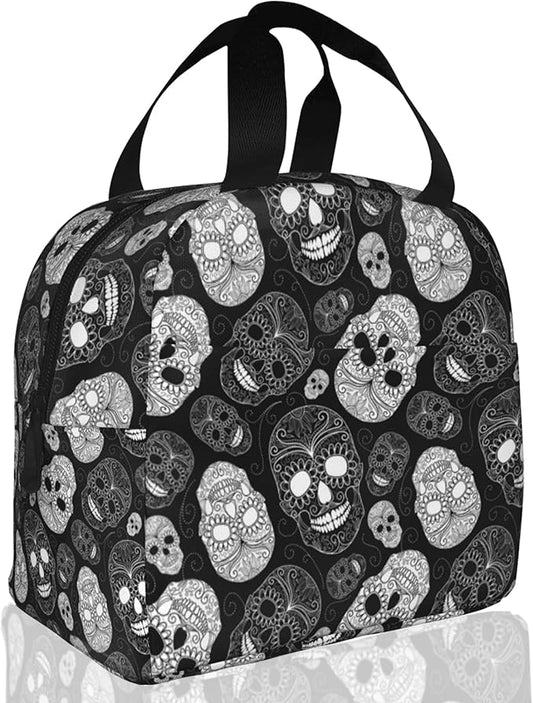 Insulated Lunch Bag, Black and White Skull Head Lunch Box for School Student Kids Boys Girls,Leakproof Small Lunch Tote for Adult Men Women,Reusable Lunch Cooler Tote Bag for Office Work Picnic