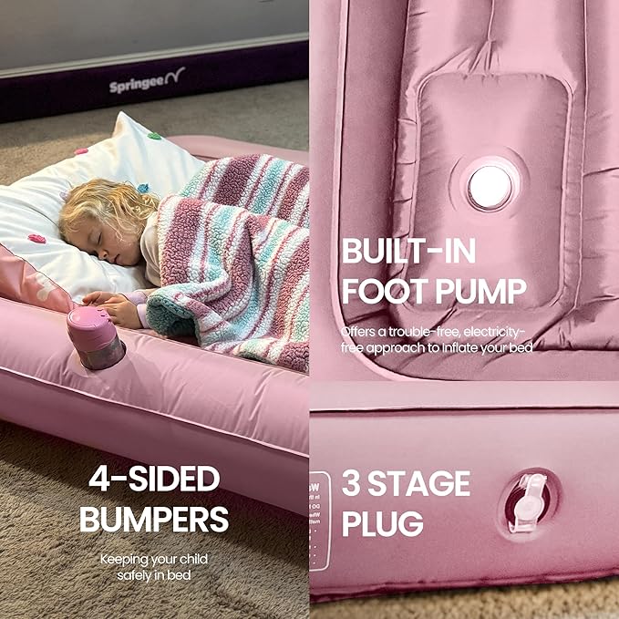 Toddler Travel Bed with Safety Bumpers [4-Sided] | Portable Bed for Kids | Toddler Air Mattress | Kids Air Mattress with Built-in Foot Pump (Pink)