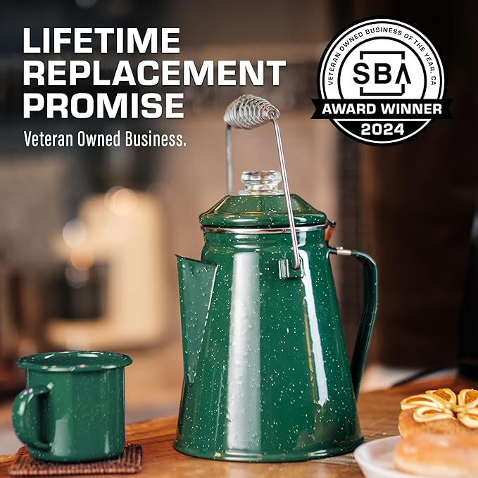 COLETTI Classic Enamel Set Coffee Percolator & Mugs — The Most Nostalgic Camping Coffee Pot, Now Modernized [Green Enamel, 12 Cup Percolator Coffee Pot & Set of 4 Mugs]
