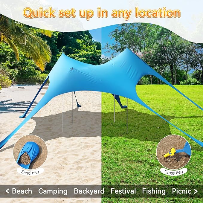 Beach Tent Sun Shelter,UPF 50+ Protection Sun Shade Canopy with 6 Sand Bags,4 Support Poles, Portable 13×20FT Outdoor Canopy Tent for Beach Camping,Fishing,Picnic (Light Blue)
