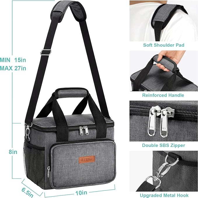 Tiblue Insulated Reusable Lunch Box for Office Work School Picnic Beach, Leakproof Freezable Cooler Bag with Adjustable Shoulder Strap (Medium, Dark Grey)
