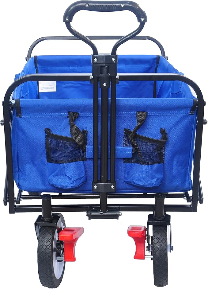 Collapsible Folding Wagon Garden Shopping Beach Cart,Portable Utility Buggy with Big Wheels,Adjustable Handle and Cup Holder,for Sand,Camping,Outdoor,53.50",Blue