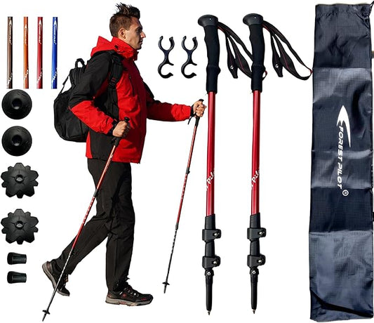 Trekking Poles - Lightweight 7075 Aluminum with Flip Lock & All Terrain Accessories - Pair of 2 Walking Sticks for Hiking with EVA or Beech Wood Grip