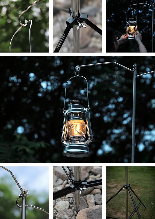 camping moon CAMPINGMOON Heavy Duty Stainless Steel Lantern Pile Driver Height Adjustable with Tripod Stand and Storage Bag D-240, D-243