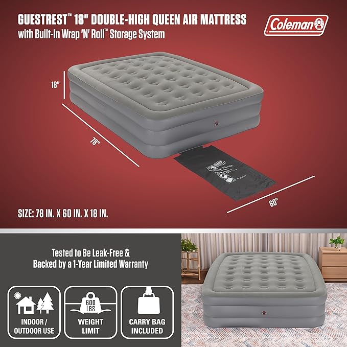 Coleman GuestRest 18" Plush Top Double High Air Mattress Airbed with Integrated Storage System and Carry Bag, Pump Not Included, Queen