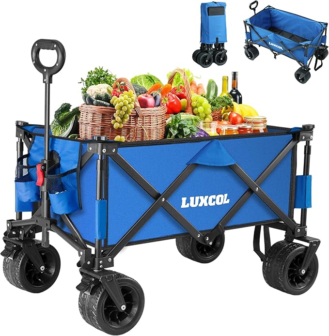 LUXCOL Collapsible Folding Wagon, Heavy Duty Utility Beach Wagon Cart for Sand with Big Wheels, Adjustable Handle&Drink Holders for Shopping, Camping,Garden and Outdoor