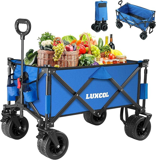 LUXCOL Collapsible Folding Wagon, Heavy Duty Utility Beach Wagon Cart for Sand with Big Wheels, Adjustable Handle&Drink Holders for Shopping, Camping,Garden and Outdoor