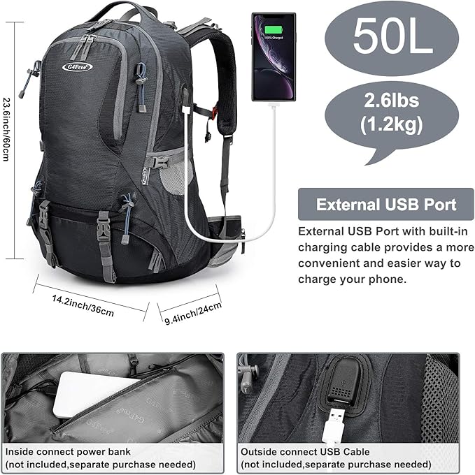G4Free 50L Hiking Backpack Waterproof Daypack Outdoor Camping Climbing Backpack with Rain Cover for Men Women(Dark Grey)