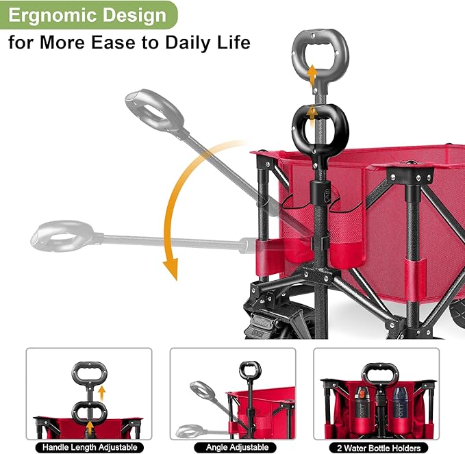 LUXCOL Collapsible Folding Wagon, Heavy Duty Utility Beach Wagon Cart for Sand with Big Wheels, Adjustable Handle&Drink Holders for Shopping, Camping,Garden and Outdoor