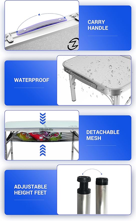 Nice C Card Table, Folding Picnic Table, Small Table, Adjustable Height Folding Table, Camping, Outdoor, Portable Lightweight Aluminum, with Carry Handle for Beach, Indoor, Office (Medium)