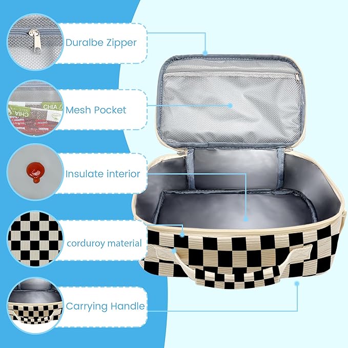 RLGPBON Lunch Bag for Women Cute Corduroy Lunch Tote Bags Reusable Lunch Tote Handbags Leakproof Thermal Cooler Lunch Case Large Capacity Lunch Box for Girls School Travel Picnic