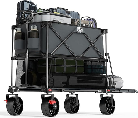 TIMBER RIDGE 400L Large Capacity Folding Double Decker Wagon with Brakes, 54" Extra Long Extender Wagon Cart, 450lbs Heavy Duty Collapsible Cart, All-Terrain Big Wheels for Camping, Sports, Shopping