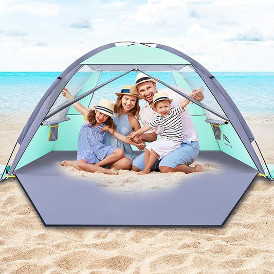 Happy Travel Beach Tent, UPF 50+ UV Protection Sun Shade Shelter for 3/4/5/6/7/8 Person, Portable Beach Canopy for Family & Baby, Lightweight & Easy Setup Beach Cabana with 3 Ventilation Mesh Windows