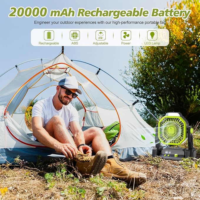 CONBOLA Portable Rechargeable Camping Tent Fan, LED Lantern, 20000mAh Battery - Operated Outdoor Fan with Hook, 270° Rotation, Small Quiet USB Cooling for Travel, Fishing