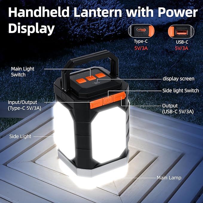 Sinvitron 30000mAh LED Camping Lantern with QC3.0 Fast Charging, 1000LM Emergency Lights for Power Outages, 350H Runtime, IPX5 Waterproof Rechargeable Lamp for Tent, Outdoor (Black/Orange)