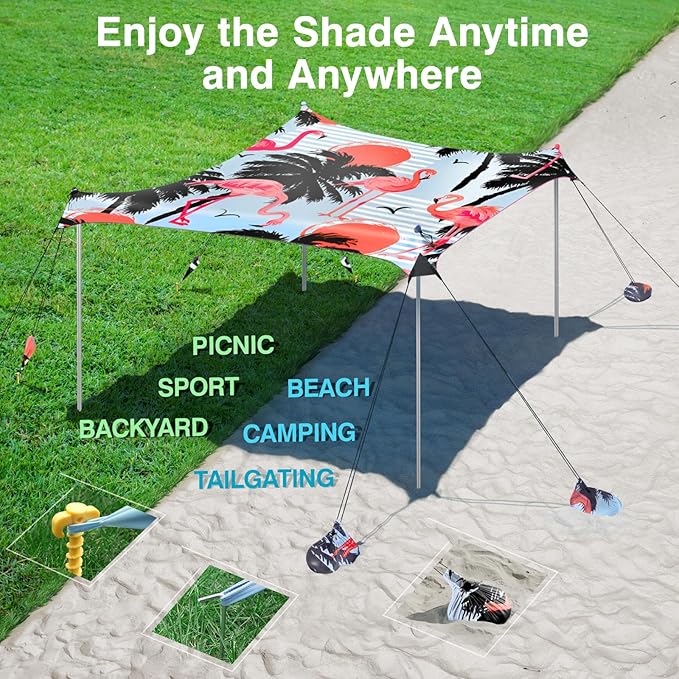 Rhino Valley Beach Tent Sun Shelter, 10x10FT Beach Canopy Tent Sun Shade UPF50+ Protection with 8 Sandbags 4 Stability Poles, Outdoor Beach Shade Canopy 6-8 People for Beach Camping Fishing