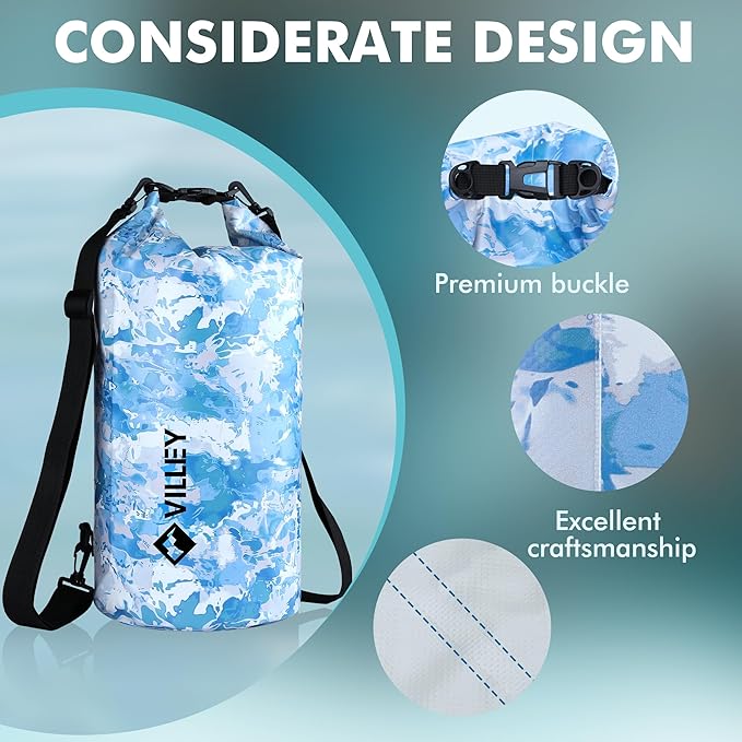 VILLEY Dry Bag Waterproof 5L Roll Top Sack Keeps Gear Dry Lightweight Dry Sack for Kayaking Boating Camping Swimming and Beach Adventures Blue Camo