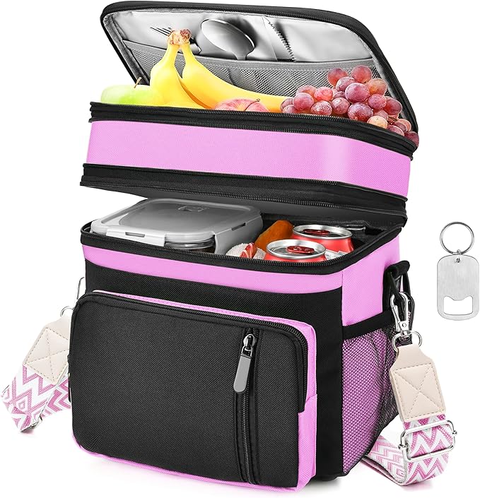 LOKASS Lunch Box for Women/Men-16L-Insulated Lunch Bag, Expandable Double-layer Leakproof Cooler Bag with Upgrade Adjustable Shoulder Strap Ideal for Work/Travel/Picnics（Pink&Black）