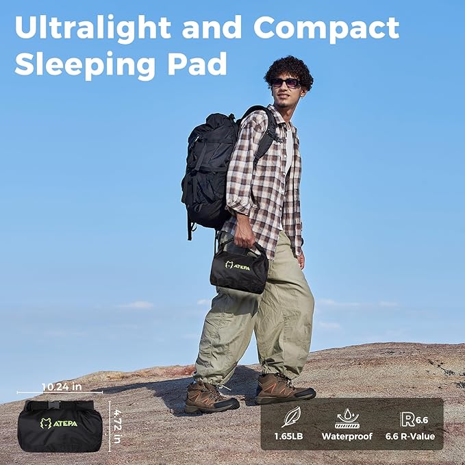ATEPA Backpacking Sleeping Pad, 6.6 R-Value Insulated Ultralight Inflatable Sleeping Pad Thick Folding Camping Mattress with 7 Layers & Storage Bag for Camping Backpacking, Wide Long Size (78"x27")