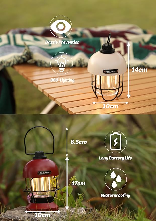 Crazy Power Camping Lantern Rechargeable LED Camping Light Premium Vintage Light 4500 mAh High Capacity Dimmable 3 Light Modes Waterproof for Camping Hiking Fishing Power Outages (CPB200 Red)