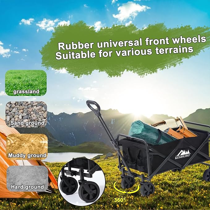 Foldable Utility Wagons Folding Cart on Wheels, Lightweight Portable Folding Utility with 200 lbs Capacity with Side Pockets for Grocery Shopping Cart for Grocery Sports Garden Camping