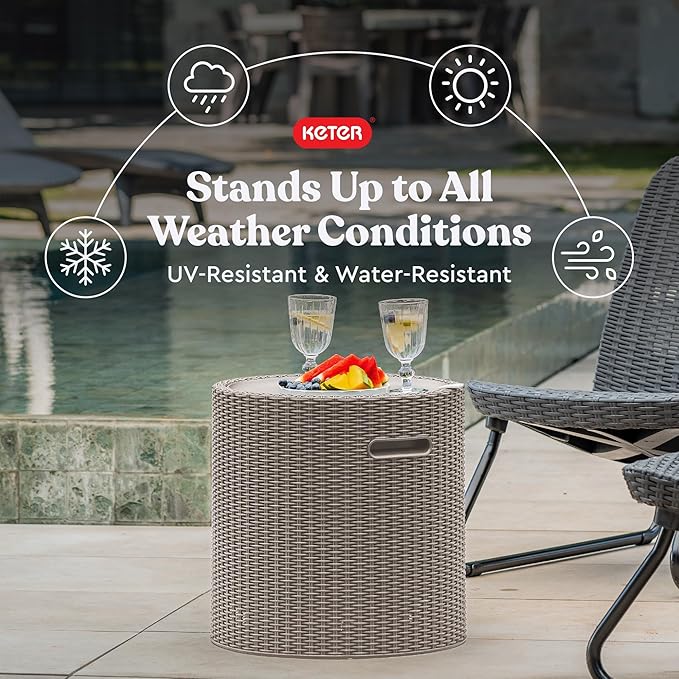 Keter Cool Side Table Cooler 3 in 1 Outdoor Patio Table and Ice Chest Storage, Ideal Hot Tub Table, Decor and Outdoor Patio Bar, Portable Bar, Taupe
