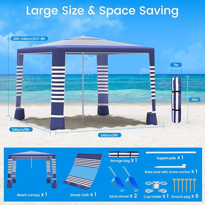 MoKo Beach Cabana, 8'×8' Large Beach Canopy with Side Wall, UPF 50+ Protection Easy Setup Beach Tent Sun Shelter, Adjustable Height Wind Resistant Cabana Beach Tent for Whole Family, Navy Stripes