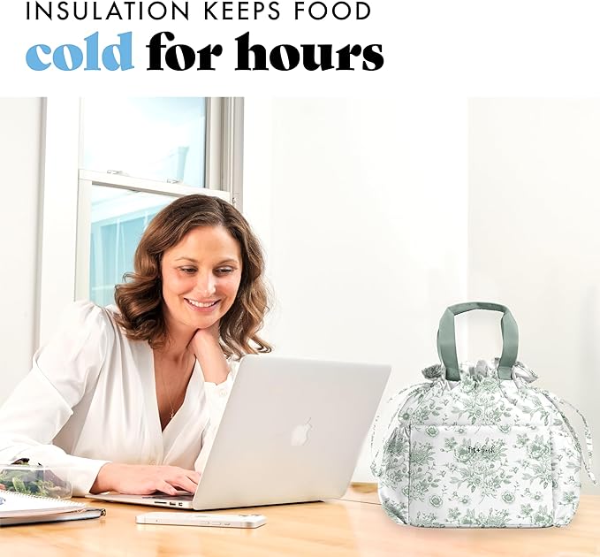 Fit & Fresh Lunch Bag For Women, Insulated Womens Lunch Bag For Work, Stain-Resistant Large Lunch Box For Women With Containers, Cinch Closure Cromwell Bag, Sage Floral Toile