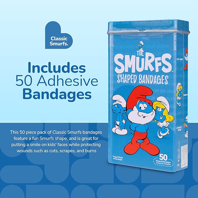 BioSwiss Bandages, The Smurfs Shaped Self Adhesive Bandage, Latex Free Sterile Wound Care, Fun First Aid Kit Supplies for Kids and Adults, 50 Count