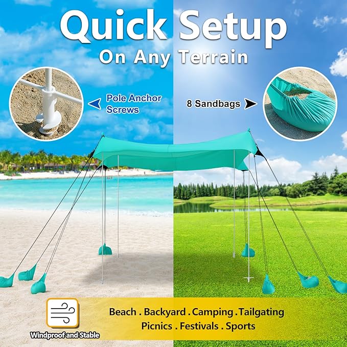 Camping Tent UPF50+ with 8 Sandbags, Beach Shade Canopy with Stability Poles and Big Ground Pegs, Pop Up Canopy for Camping, Picnics, 12X12FT Green