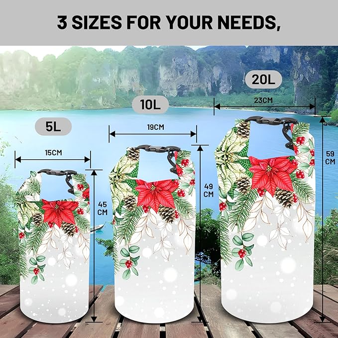 Waterproof Dry Bag,Roll Top Christmas Poinsettia Flower Pine Cones Waterproof Backpack 5L/10L/20L Floating and Lightweight Bags for Kayaking, Boating, Fishing, Swimming and Camping