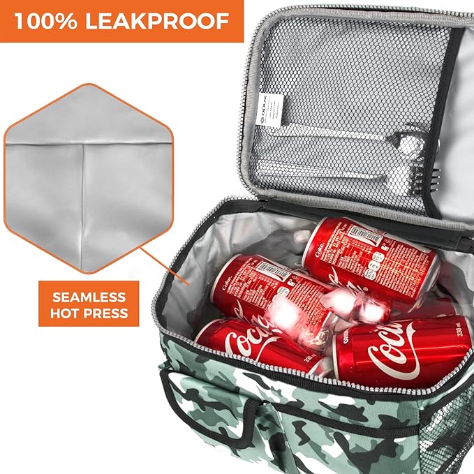 opux Insulated Lunch Bag for Men Women, Leakproof Camo Green Lunch Box for Work, Portable Soft Lunch Cooler Bag with Shoulder Strap, Adult Lunchbox Lunch Pail for Kid Boy Girl School, 14 Can/8L