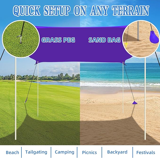UMARDOO Family Beach Tent Canopy Sun Shade Portable 10×10FT, Large Wind Resistance Beach Sun Shelter Easy Setup with Packable Carry Bag for Outdoor Travel UPF 50+(Purple)