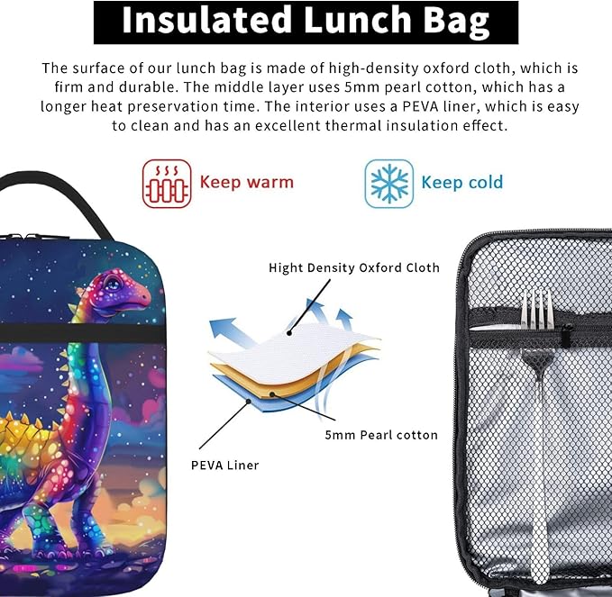 SARA NELL Dinosaur Insulated Lunch Bag Cute Dino Rainbow Tie Dye Body in Magic Sparkle Space Lunch Box for Women Men Teens Kids, Reusable Lunch Tote Bag